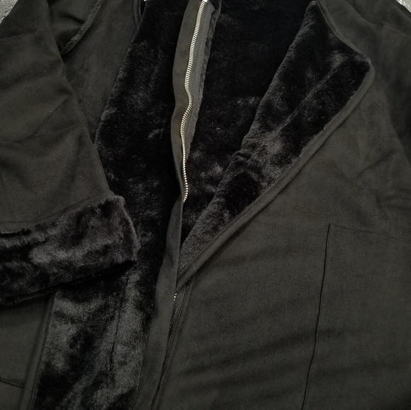 ELLA Suede Fur lined Coat -Black - Picture 3 of 4